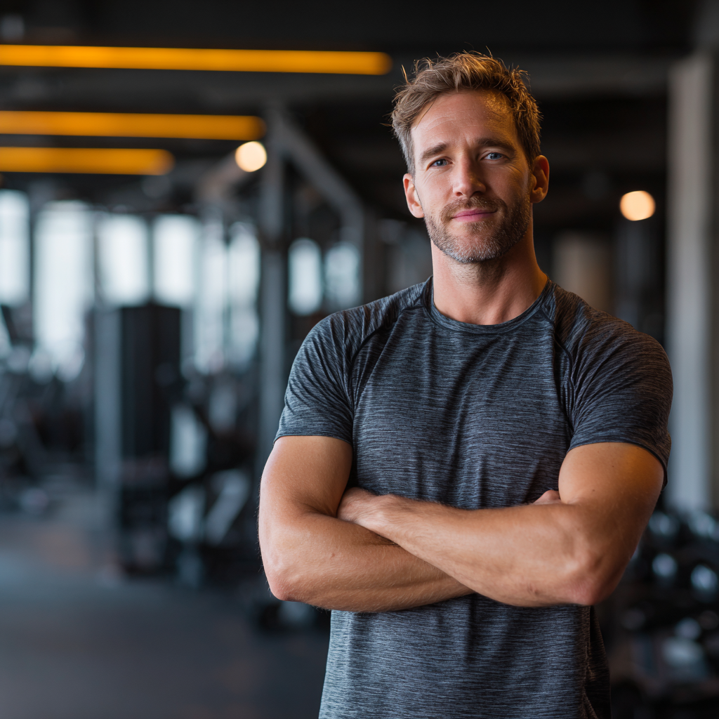 Confident man in fitness attire standing strong and determined in modern gym environment