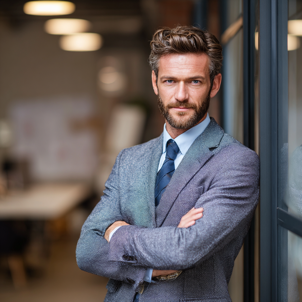 Professional man in business suit displaying confidence and strength in modern office setting